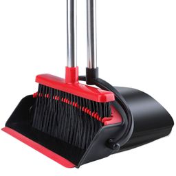 Tiumso Stainless Steel Hard Floor Broom And Dustpan 2019 Version Set With Upgrade Combo And Sturdiest Extendable Long Handle,4Layers Bristles,Upright Standing For Home,Office,Kitchen,Lobby(Black,Red) image 1
