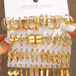shining diva fashion 24 pairs Combo Celebrity Inspired Trendy Latest Stylish Gold Plated Geometric Twist Pearl Hoop Dangle Earrings for Women and Girls image 3