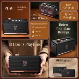 pTron Fusion Pro Retro Signature 20W Bluetooth Speaker with Pristine Sound, 8 Hours Playtime, Dual Drivers, Playback via BT5.3/USB/TF Card, Easy Controls, Portable Speaker & Type C Charging (Black) image 2