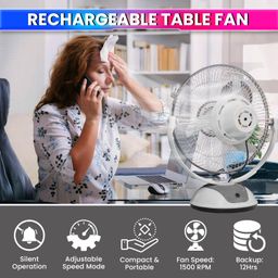 amiciSolar 12-Inch Rechargeable Table Fan – Portable 3-Speed AC/DC Fan with 12-Hour Battery Backup, Silent Operation, and Wall/Table Mount Options​ image 2