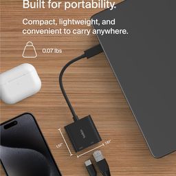 Belkin USB-C to Ethernet Adapter + Charge (60W Passthrough Power for Connected Devices, 1000 Mbps Ethernet Speeds) MacBook Pro Ethernet Adapter (INC001btBK), Black image 3