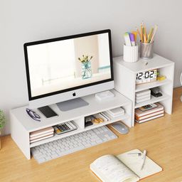 Delavala Monitor Stand Riser,2 Tiers Computer Monitor Stand with 3 Layer Storage Shelf,Wood Monitor Stand with Storage Organizer for Printer,PC,Save Space Laptop Stand Desk for Home and Office image 1