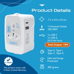 Ceptics Universal Travel Adapter with Type C, 3 in 1 Universal Adapter Plug, Travel Accessories with 1 USB, 1 USB-C with 2.4A,Travel Adaptor International All in One image 4