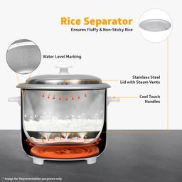 V-Guard VRC 1.0 C 1-Litre Electric Rice Cooker with 400 W Power, 2 Pots, Spatula, Rice Separator | 2-Year Product & 5-Year Heating Plate Coverage by V-Guard | Automatic Cooking with Double-Layered Body & Cool Touch Handles image 5