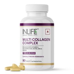 INLIFE Multi Collagen Complex Tablets | 5 Types Peptides I, II, III, V & X with Biotin, Hyaluronic Acid | Collagen Powder Supplements for Women & Men - 90 Tablets (Pack of 1, 90) image 1