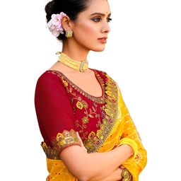 siril Women's Bandhani Printed Georgette Sequence Lace Scalloped Border Saree with Unstitched Blouse Piece image 1