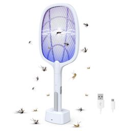 MEXPONE 6 LED Mosquito Killer Racket Rechargeable Handheld Electric Fly Swatter Mosquito Killer Racket Bat with UV Light Lamp Racket USB Charging Base, Electric Insect Killer (White) image 1