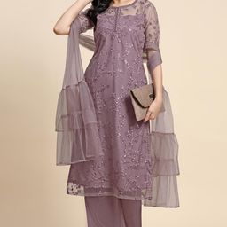 trendmalls Women's Net Embroidery Sequence Work Kurta Palazzo Set with Dupatta Kurta Set for Women image 3