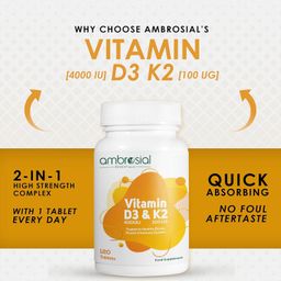 Ambrosial Vitamin D3 & K2 Tablets 4000IU Vitamin D3 + 100µg Vitamin K2 MK-7 for Healthy Bones, Muscles, and to Support The Immune System - 120 Tablets image 3