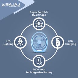 Bajaj Pygmy Go 178MM Mini Fan with LED Lighting | Rechargeable | USB Charging | 4-hours Battery Backup | 3 Speed | 2-Light Brightness Setting | High Speed | Portable【Blue】 image 5