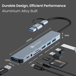 Portronics Mport 8 Plus Dual Hub(Type C and USB) (8-in-1) with AUX, USB 3.0, microSD/SD Card Reader, Type-C Data, PD Charging, USB 2.0, Type-C and USB Plug for Laptop, Mac, PC (Grey) image 5