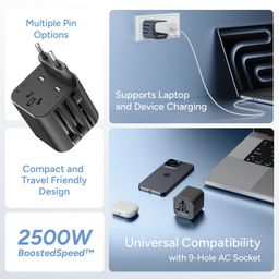 Ambrane Universal Travel Socket, International All in One Worldwide Travel Adapter Socket with 2500W High Power Output with 9 Hole Universal Socket, Compatible in 150+ Countries (ATA-03, Black) image 2