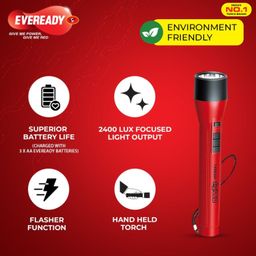 Eveready Glostar DL50 | 0.75W LED Torch | Powered by 3 AA Batteries | Super Bright White LED | 2400 Lux Output | Wide Beam & Range | Strong & Durable Plastic Body | Red image 3