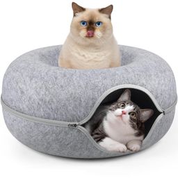 GBEX Cat Tunnel Bed Peekaboo Cat Cave for Multiple Cats & Large Cats, Scratch Resistant & Washable & Detachable Round Felt Cat Donut Tunnel for Cats up to 20" x 20" x 8", Light Grey image 1