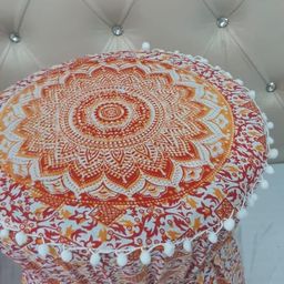 generic Jagdamba Handicraft Rajsthani Style White Background with Red and Yellow Color Flower Leaf Design Pouf Mudda Cover Size 18X17 Inch Orange image 2