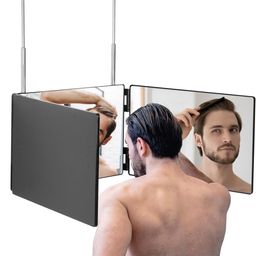 juviw 3 Way Mirror, 360 Degree Folding Mirror with Adjustable Height, Black, 30cm x 30cm, Wall Mount or Over Door, Modern Style, Grooming Mirror image 1