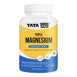 Tata 1mg Triple Magnesium Complex Tablets | Magnesium Glycinate, Citrate & Oxide Supplement | Supports Sleep, Muscle Recovery & Bone Health | Reduces Cramps & Stress – 60 Veg Tablets image 1