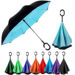 rinega Umbrella double layer Inverted reversible umbrella with C-Shaped Handle and UV Portable Fold-able Windproof Upside down Double Layer (Multi-color) image 3