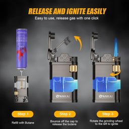 FANKAI Torch Lighter with LED Light, Single Jet Flame, ABS Fuel Tank, Retro Grinding Wheel, Windproof, Replaceable, Zinc Alloy, Brass, ABS, Gray image 4