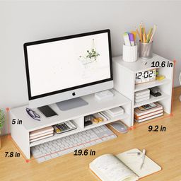 Delavala Monitor Stand Riser,2 Tiers Computer Monitor Stand with 3 Layer Storage Shelf,Wood Monitor Stand with Storage Organizer for Printer,PC,Save Space Laptop Stand Desk for Home and Office image 2