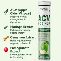 Grandeur Plant Based ACV Moringa, 60 Apple Cider Vinegar Tablets For Weight Management 750mg, With Cinnamon | Controls Cravings | No Added Sugar | Natural Energy Booster | Healthy Gut | Green Apple image 2