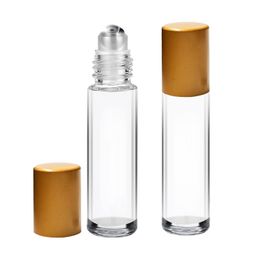 Happy Packaging 10 ml Clear Glass Roll on bottle With Steel roller on And Gold Cap For Essential Oils | Perfumes | Lip Balms | Refillable | Reusable | Leakproof Bottle (3) image 1
