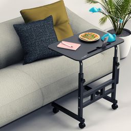 amazon basics Adjustable Height Wooden Table with Wheels | Portable Multipurpose Table | Smooth Rolling Wheels | Perfect Posture Adjustment (Black) image 2