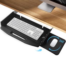 TOOCUST Solid Steel Under Desk Keyboard Tray with 360° Rotating Mouse Platform,Keyboard Shelf Sliding,Under Desk Mounted Keyboard Holder Slide Out,Under Desk 28"Lx10"W image 1