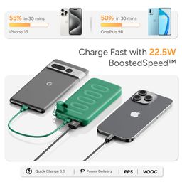 Ambrane 10000mAh Slim & Compact Powerbank with in-Build Type C Cable, 22.5W Fast Charging, USB & Type C Output, Power Delivery, Quick Charge for iPhone, Android & Tablets, Earbuds, (Stylo N10,Black) image 3