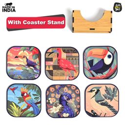 gift kya de GKD Coaster Set of 6 Birds Design Wooden Coasters to Serve Tea Cups, Coffee Mugs and Glasses (3.8 x 3.8 inch) (Birds) (Ecofriendly) image 2