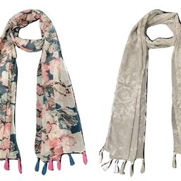 stolevilla ™ Women's Printed Chiffon Multicolored Scarf and Stoles with Tassels Set of 2 (ST174) image 1