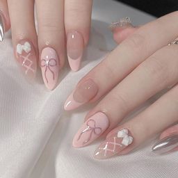 nakhi 24 Reusable Artificial Fake Nail Set |Base peach colour with White Bow Design Glossy Nails | Lightweight & Long Lasting| Quick Fix For Festivals & Special Occasions image 1