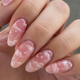 gloss & go 24 Reusable Artificial Fake Nail Set| Peach White Cloud And Star Design Almond Shape Glossy Nails| Lightweight & Long Lasting| Quick Fix For Festivals & Special Occasions image 1