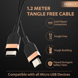 Duracell Type-C To Micro 1.2M braided Sync & Charge Cable, USB C to Micro Fast Charge Compatible for fast data transmission (Black) image 4