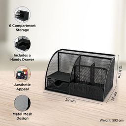 Kuber Industries Multipurpose Mesh Metal Stationary Combine Storage Box with 6 Compartments | Office, Reception & Study Table Desk Organizer | Pen-Pencil & Files Holder with Drawer image 4