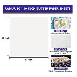 RANUR Butter Paper Sheets and Silicon Brush Non Stick, Grease Proof Baking Paper, Used in Baking, Cooking, Wrapping, Grilling, Steaming, Frying Color White Size 10" X 10" Pack of 50, Standard image 3