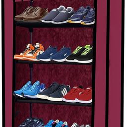 demark DEMARK® Portable Shoe Rack Stand for Home Multipurpose Storage Organizer Lightweight with Iron Pipes Dust Proof Cover (Shoe-Rack-4-Layer, Maroon) image 1