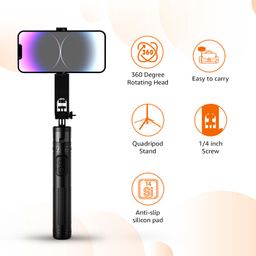 Amazon Basics Selfie Stick | 132 cm (52inch) Extendable | Non-Slip Quadripod Base | Compatible with Mirrorless/Action Camera, Ring Light, Gopro | Bluetooth Remote, Ideal for Selfies, Vlogging, Black image 2