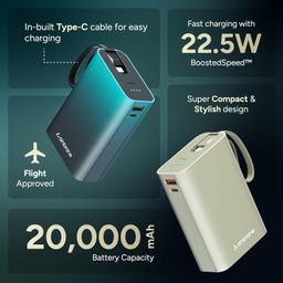 Ambrane 20000mAh Small Pocket Size Powerbank, Hanging InBuilt Type C Cable, 22.5W Fast Charging, Type C PD & USB Output for iPhone, Android Mobiles & Other Devices (MiniCharge 20, Black-Blue) image 2