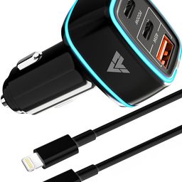 dr vaku DR VAKU® 65W Car Charger Triple Port Output Fast Charging Type C PD 45w + 20w + 18w QC 3.0 for iPhone 15/14/13 All Series & Android Phones with 1 Meter Type C to Lightning Data Cable (Charger+Cable) image 1