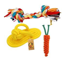 Foodie Puppies 3-in-1 Cotton Rope Chew Toy Combo for Small Dogs & Puppies | Durable, Safe Braided Rope Toys for Teething, Playing, Fetching & Training (2Knot, Carrot and Slipper) (Color May Vary) image 1