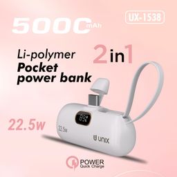 UNIX UX-1538 Slim 5000mAh Power Bank | 22.5W Fast Charging | Built-in Lightning & Type-C Cables | Digital Display | Ultra-Compact Mini Capsule Design | BIS Certified (White) image 2