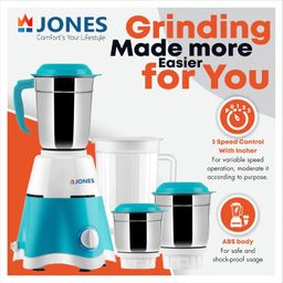 jones Thunder Pro 750 Watt Mixer Grinder with 4 Jars for Grinding, Mixing, Juicing with Powerful Motor (Blue & White, 4 Jars) image 3