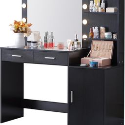 Carpanalli Vanity Desk with Mirror and Lights, Dressing Table with 2 Large Drawer&Large Vertical Organizer, 3 Level Dresser & 3 Lighting Modes Adjustable Brightness, Suitable for Bedroom (Black) image 2
