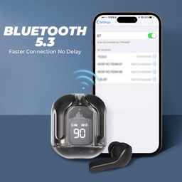 obt store Ultra pods Wireless LED Digital Display Transparent Headset 28h Playtime S23 Bluetooth Headset (Black) image 5