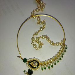 MK Gallery Rajputi Nath With Chain Gold Plated Green Pearls Nose Ring image 5