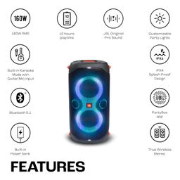 JBL Partybox 110, Wireless Bluetooth Party Speaker, 160W Monstrous Pro Sound, Dynamic Light Show, Upto 12Hrs Playtime, Built-in Powerbank, Guitar & Mic Input, PartyBox App, Splashproof (Black) image 2