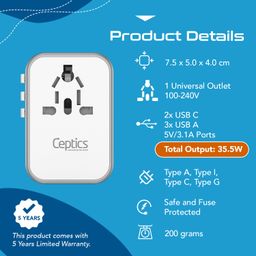 Ceptics 6 in 1 Universal Travel Adapter with Type C - Worldwide Travel Adapter, Universal Plug Socket, 3xUSB-A, 1xPD/QC 3.0 & 1x USB-C, W/3.1A Fast Charging - International Travel Adapter - White image 5