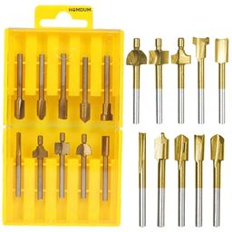 Homdum 10 Pcs 3Mm 1/8" Shank Hss Router Bit Attachment For And Other Mini Rotary Tool Titanium Coated Woodworking Engraving Tool Pack Of 10. - Straight image 1