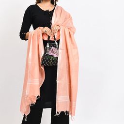 moeza Women's Peach Woven Design Silver Border Cotton Linen Dupatta, Pack of 1, MFD0166 image 3
